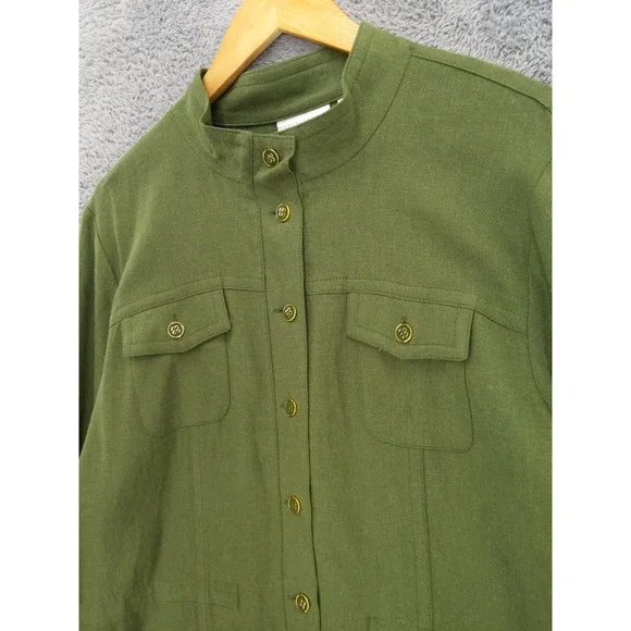 Susan Graver Pure Olive Green Linen Blend Mandarin Collar Button Up Shirt Top XL - Picture 2 of 10